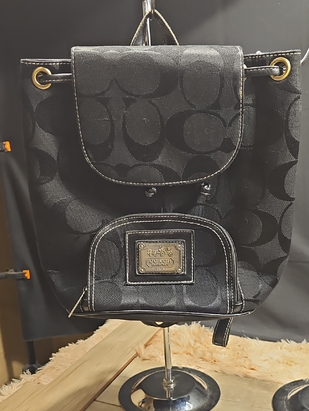 Coach Black Signature Drawstring Backpack With Gold-Tone Accents
